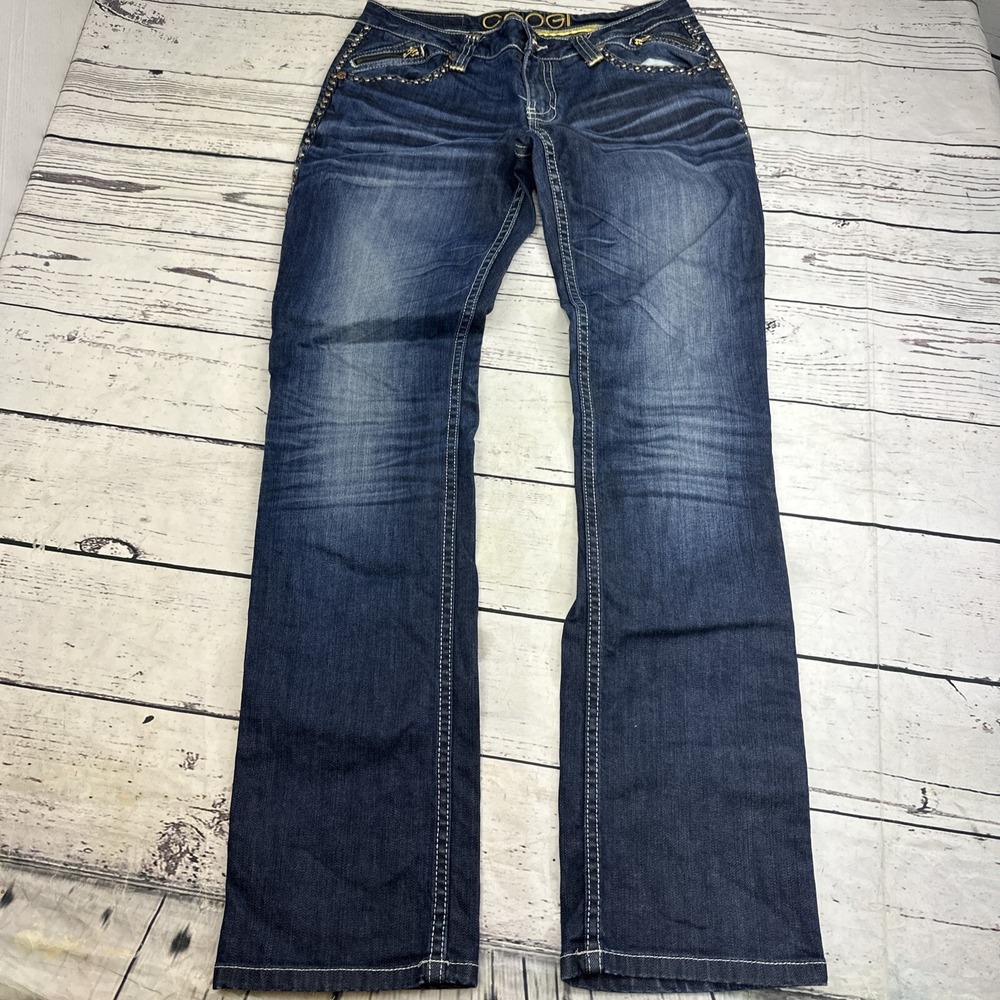 COOGI Jeans Womens 9/10 Dark Wash Gold Stud Zip Pocket Low Rise Straight Leg